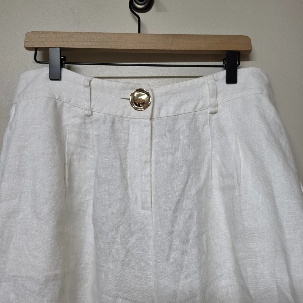 Soft Surroundings‎ White 100% Linen Wide Leg Cropped Pants Gold Button Size 10